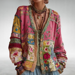 Nadja | Stickad Patchworkkofta med Blommor