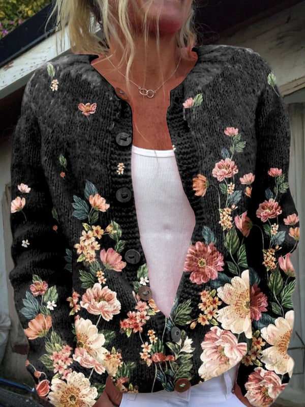 Vilma | Kardigan Med Blomstermönster På Svart